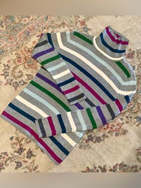 Talbots Gray Ribbed Turtleneck Sweater with Multicolor Stripes -Sz Petite Large